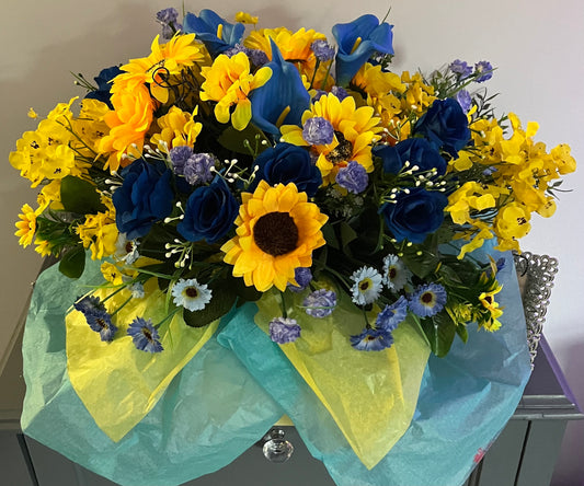 Large Sunflower Royal Blue Roses & Cala Lilly Bouquet