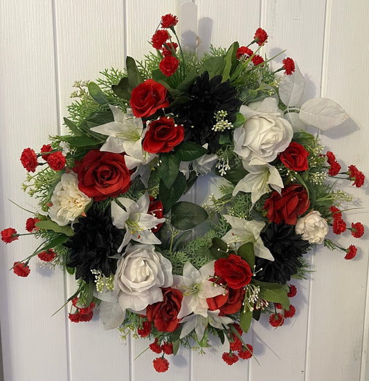 Red & White Rose With Black Gerbera Wreath