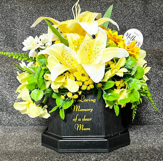 Yellow Lily & White Mum Memorial Vase