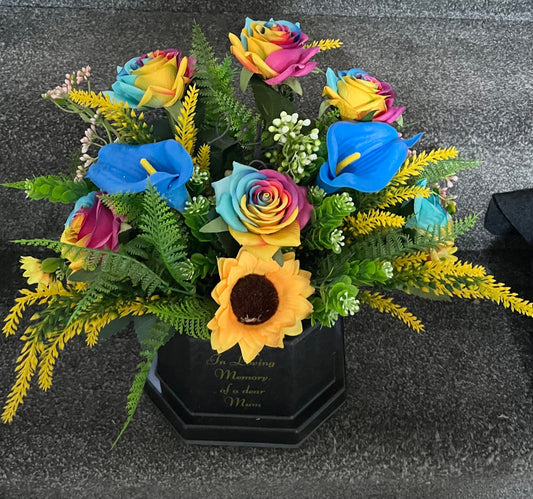 Blue Lillie’s/Rainbow Rose Mum Memorial Vase